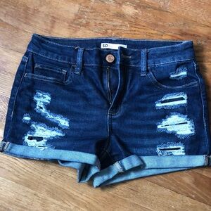 SO Women's Distressed Denim Shorts - Dark Blue